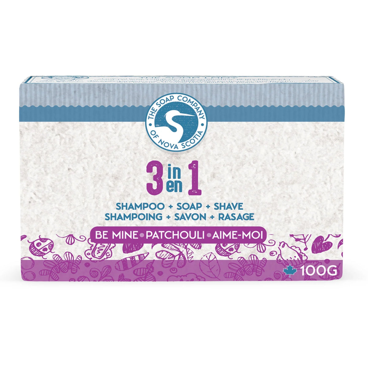 Bar of soap with '3 in 1' label and branding on a white background