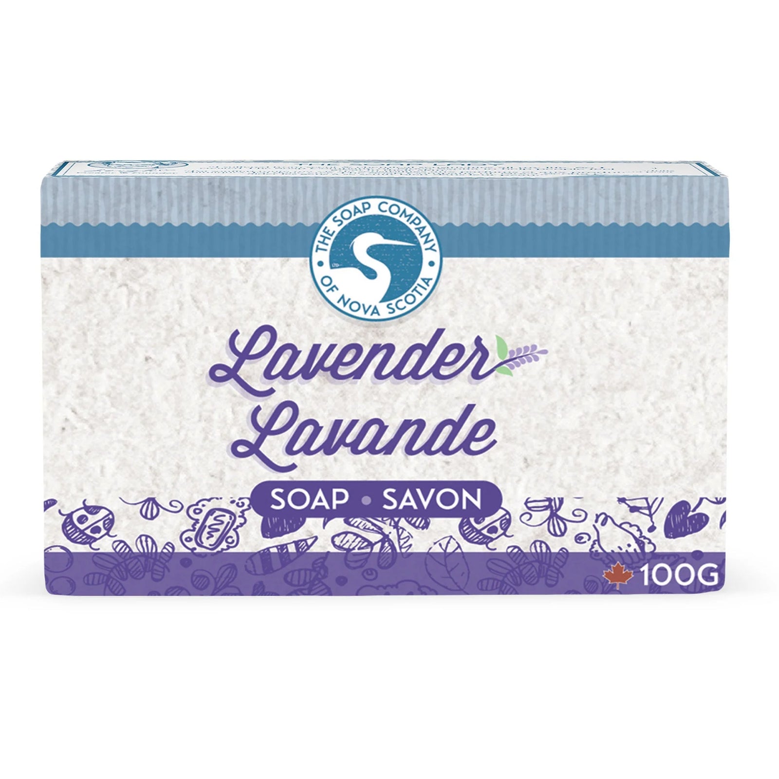 Two bars of soap with lavender buds on a marble surface