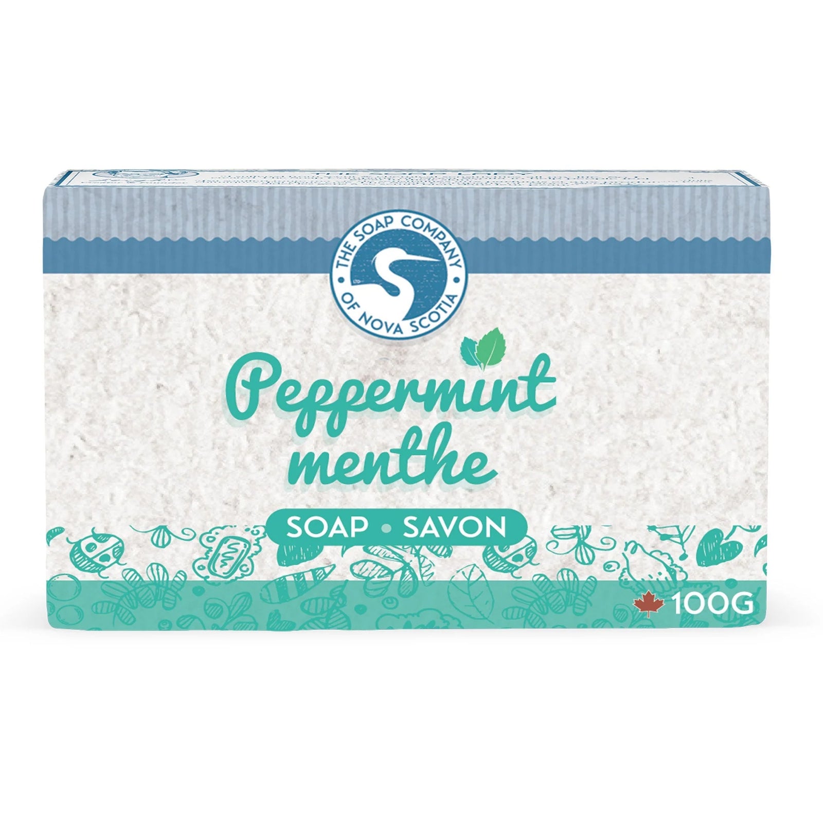 Two bars of mint soap with fresh mint leaves on a marble surface