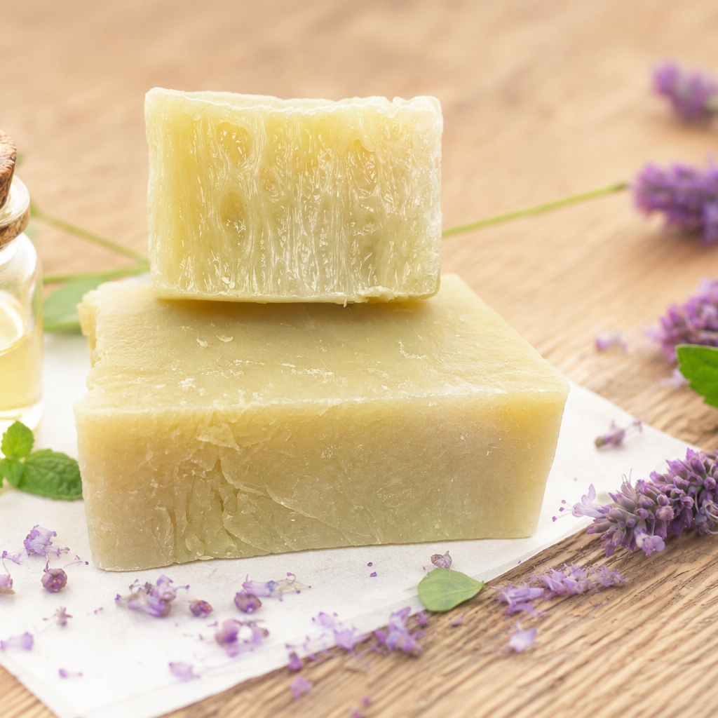 Three bars of soap with a jar of oil and patchouli flowers on a wooden surface