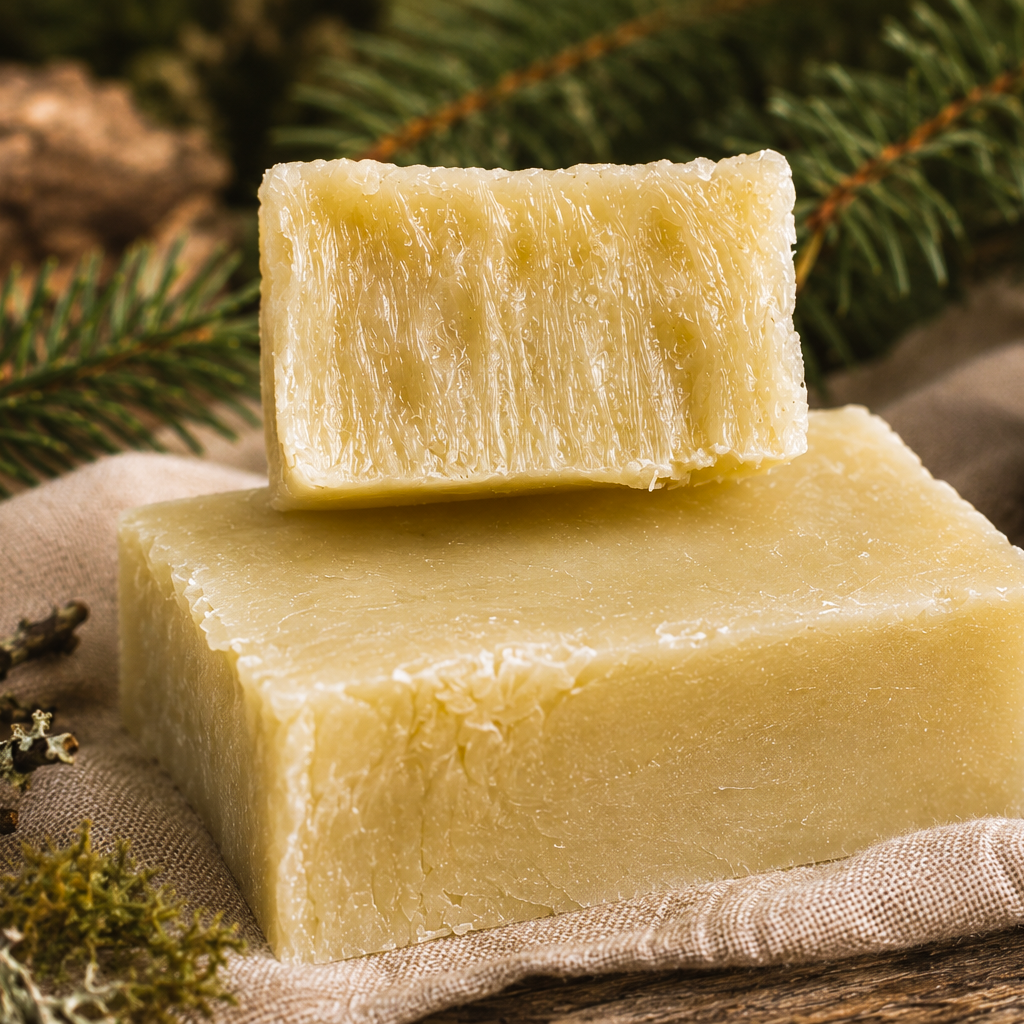 Two blocks of natural soap on a rustic wooden surface with greenery and pine cones.