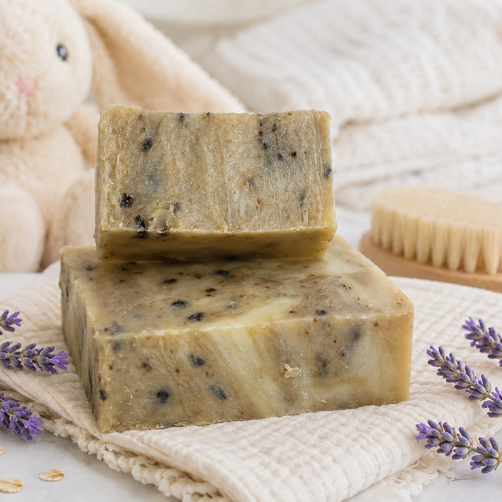 Two bars of soap with lavender and oatmeal on a white surface with a soft toy and bath items in the background.