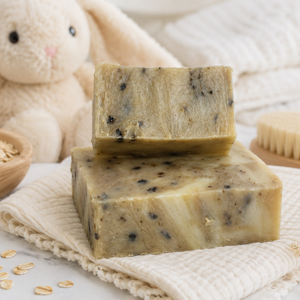 Two bars of soap with visible ingredients on a towel, surrounded by oats, a small brush, and a rubber duck.