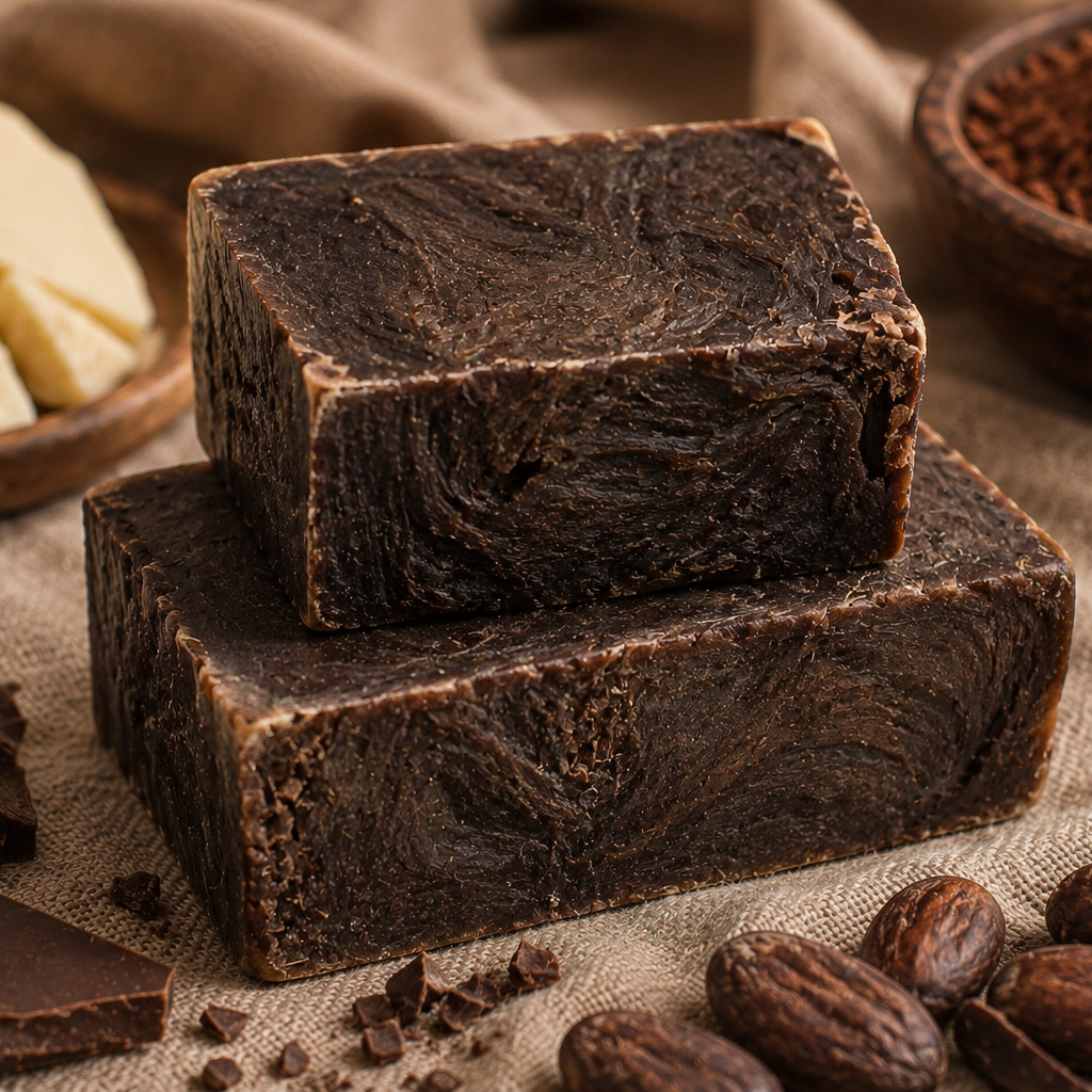 Dark chocolate soap bars with cocoa beans and chocolate pieces on a rustic background