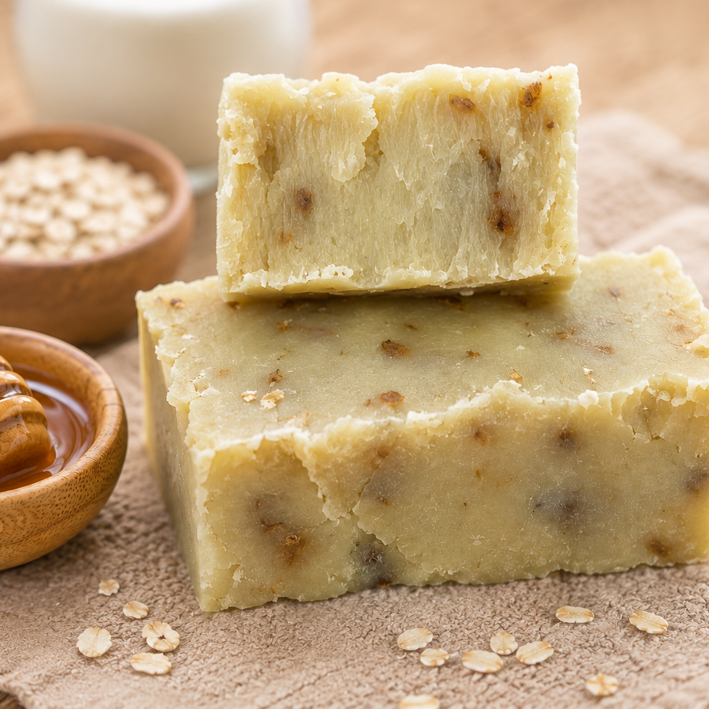 Two bars of soap with oatmeal and honey on a wooden surface