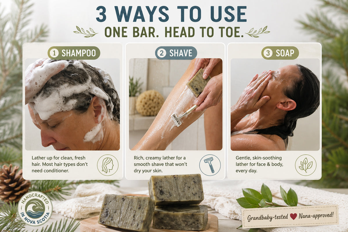 How to use 3-in-1 Shampoo, Shave, Soap. Lather up your hair, rich creamy shave and gentle soap for face and body.