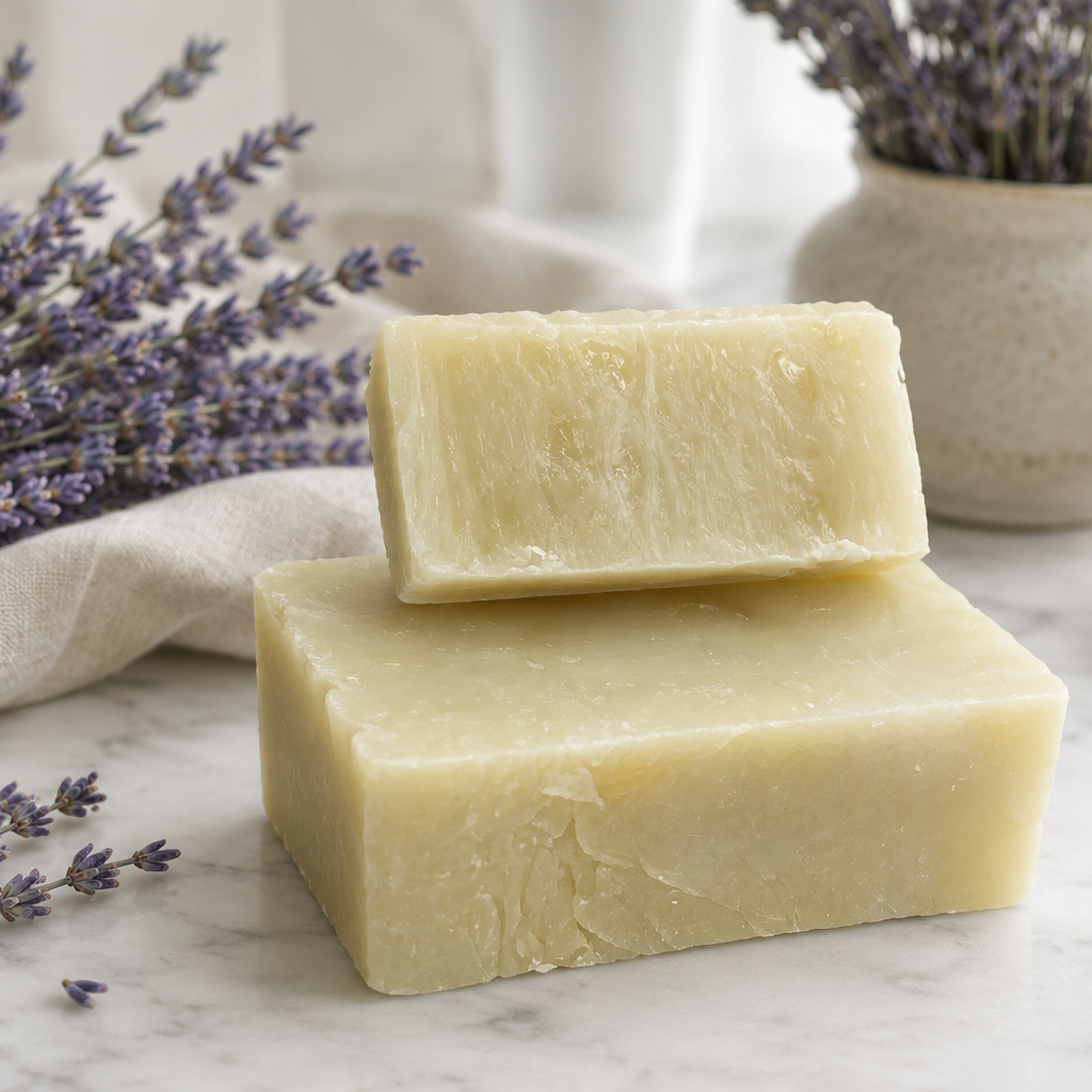 Two bars of soap on a marble surface with lavender flowers and a vase in the background.