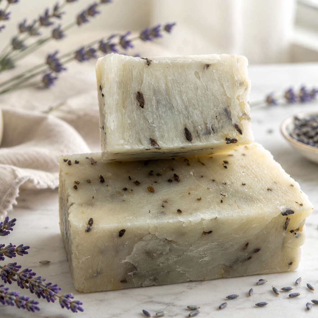 Two bars of soap with lavender buds on a marble surface