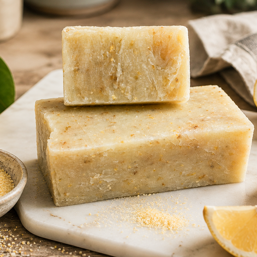 Two bars of lemon soap on a marble slab with lemons and a bowl of salt in the background.