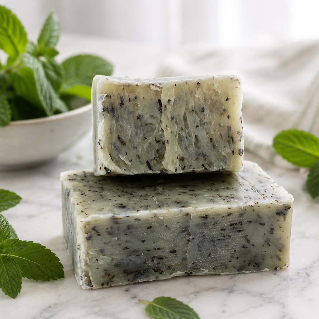Two bars of mint soap with fresh mint leaves on a marble surface