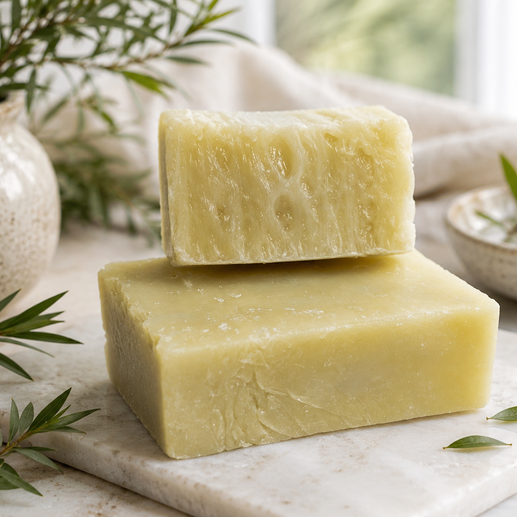 Two bars of soap on a marble surface with greenery around