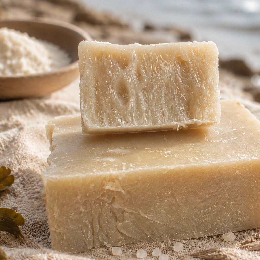 Two bars of soap on a textured surface with a natural background